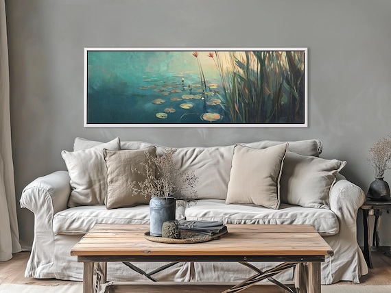 Panoramic Lily Pond Canvas Print – Teal Turquoise Water Lily Landscape, Extra Wide Wall Art, Ready to Hang for Living Room or Bedroom Decor