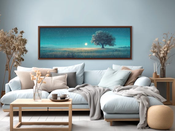 Teal Tree of Life Canvas Print: Starry Night Landscape Wall Art