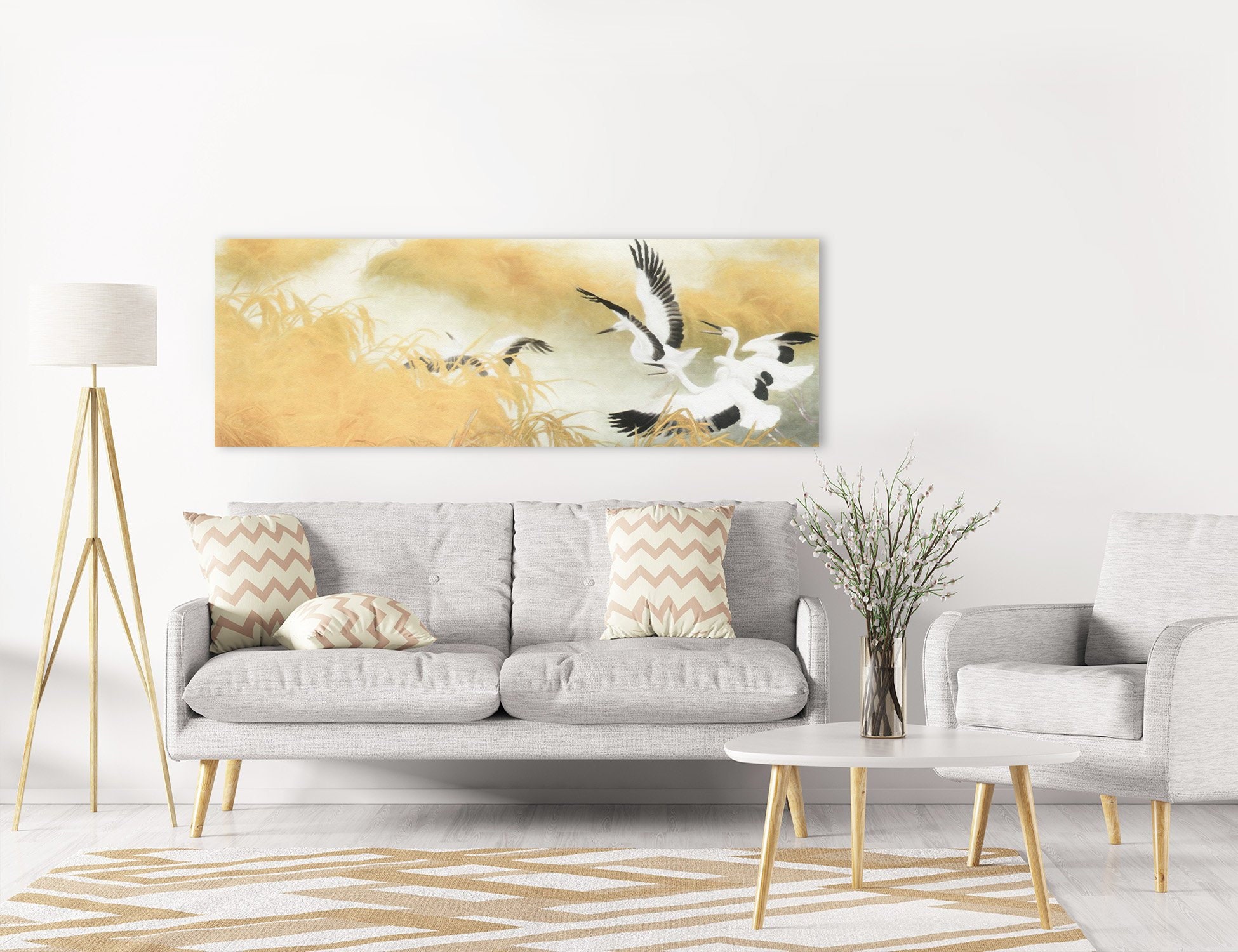 Oriental storks wall art large watercolor landscape painting ready