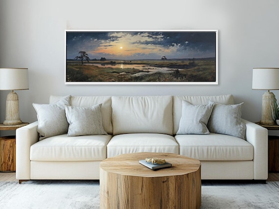 Peaceful Meadow Sunset Canvas – Calm River and Stormy Sky Landscape, Panoramic Extra-Wide Wall Art Print in Warm Dusk Tones, Ready to Hang