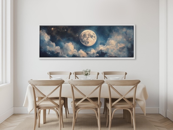Giant Moon Night Landscape Canvas Art: Starry Night Sky with Delicate Clouds