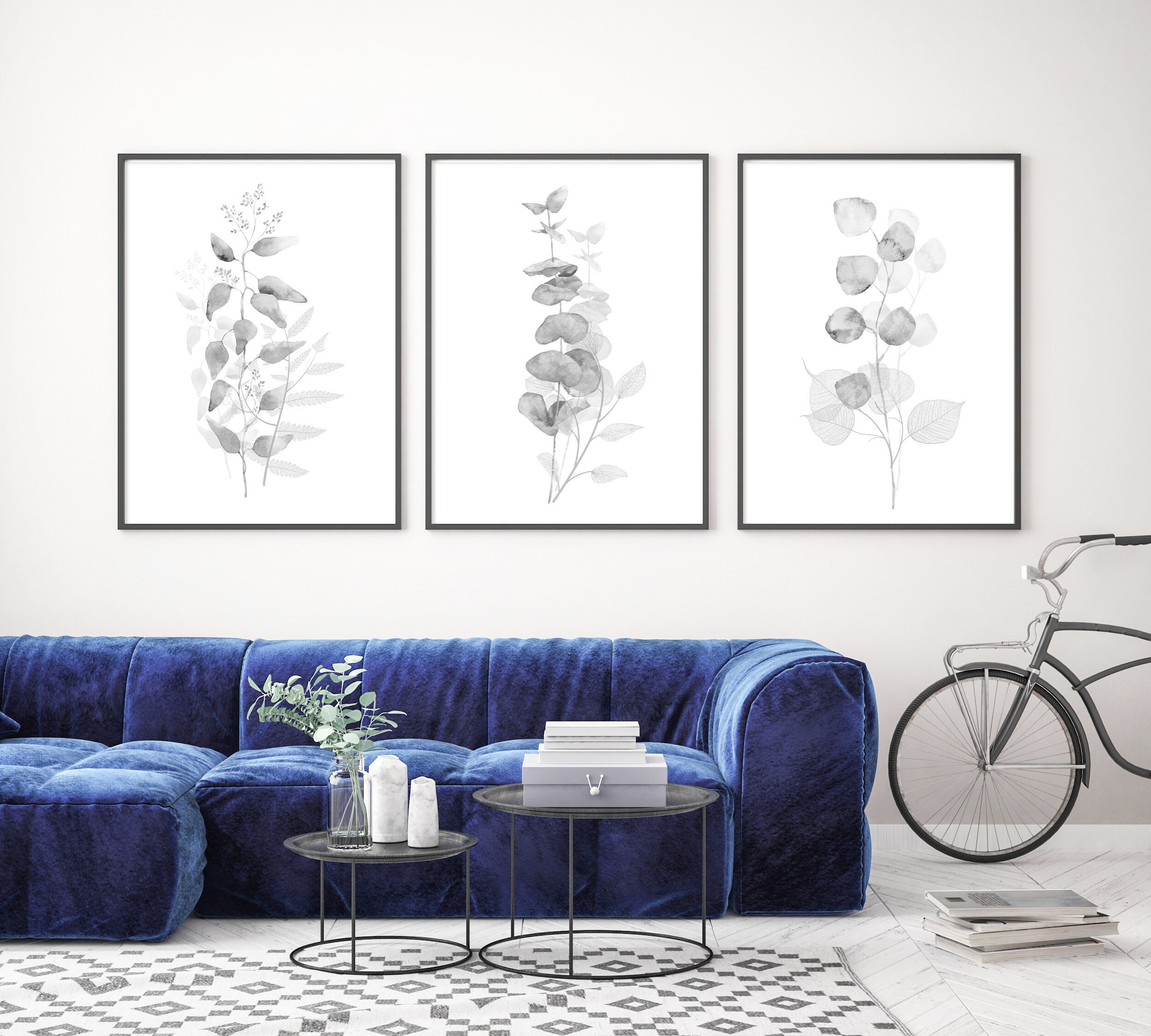 Eucalyptus Watercolor Painting Minimalist Set Of 3 Large Black
