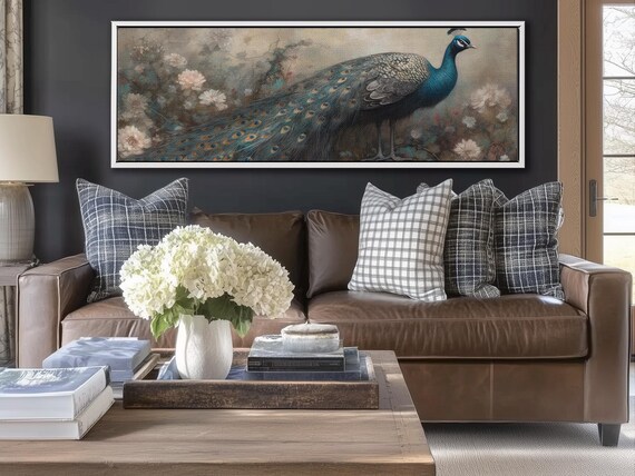 Art Deco Peacock Wall Art – Retro Canvas Print | Framed or Unframed | Statement Large Wall Art | Library & Room Decor Aesthetic