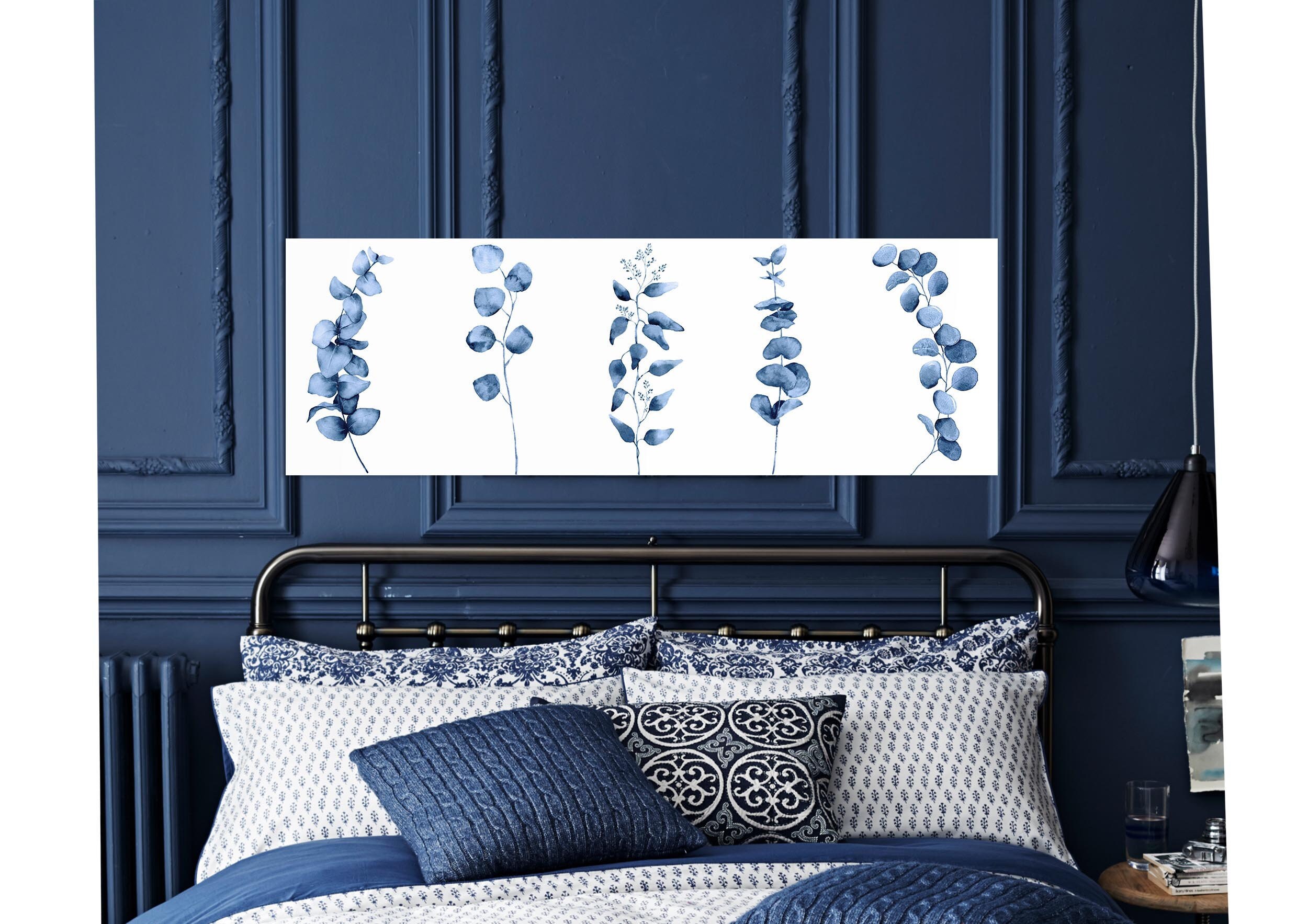 Botanical Print, Navy Blue Watercolor Eucalyptus Wall Art Large