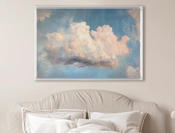 Cloud Wall Art – Framed Canvas Print | Antique Sky Painting | Beige & Gold Cloudscape | Neutral Wall Art | Large Serene Landscape Decor