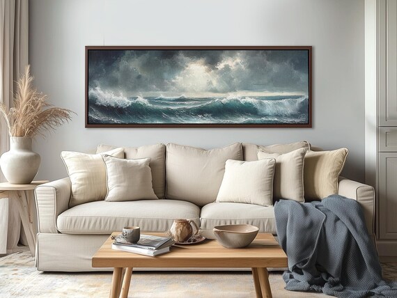 Large Wall Art, Ocean Waves Artwork- Coastal Wall Art, Aesthetic Decor. Extra Large Navy Blue Above Bed Art Panoramic Canvas Print