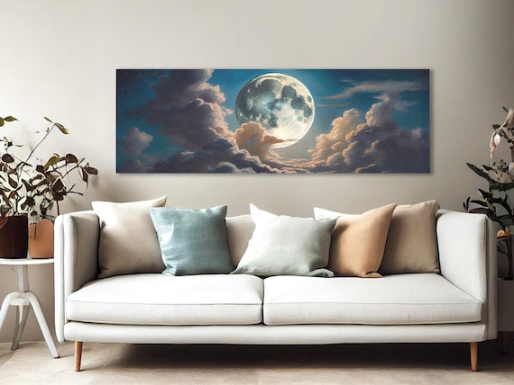 Full Moon Night Sky Panoramic Canvas Print: Moody Dark Academia Wall Art