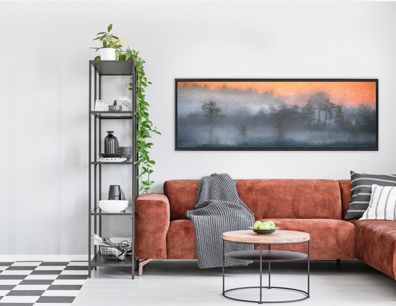 Burnt Orange And Gray Oil Landscape Painting - Ready To Hang Large Panoramic Canvas Wall Art Print With Or Without External Floater Frame.