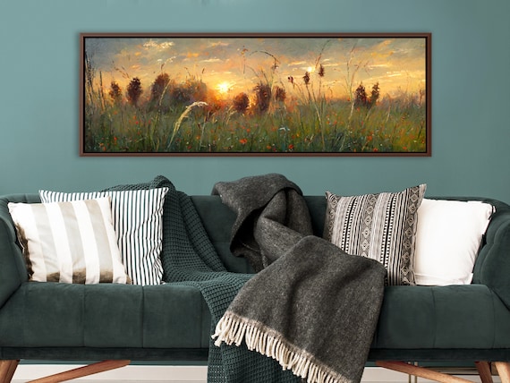 Flower Meadow Sunset Wall Art, Oil Landscape Painting On Canvas - Large Gallery Wrapped Canvas Wall Art Print With Or Without Floating Frame