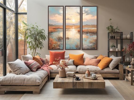 Set of 3 Coastal Sunrise Prints - Large Vertical Wall Art for Living Room Decor, Ready-to-Hang