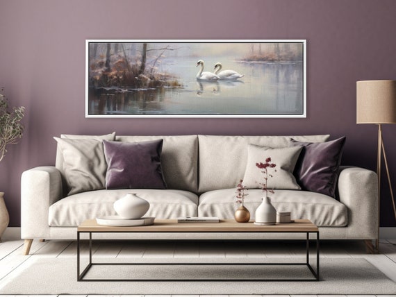 Pair Of Swans Wall Art, Oil Landscape Painting On Canvas By Mela - Large Gallery Wrapped Canvas Wall Art Prints With/Without Floating Frames