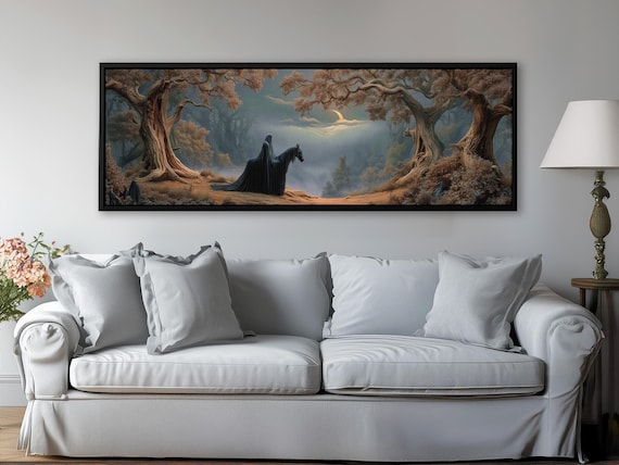 Dark Rider Black Magic Print - Gothic Fantasy Panoramic Wall Art, Above Sofa Dark Academia Decor, Whimsical, Dark Cottagecore Spooky Decor