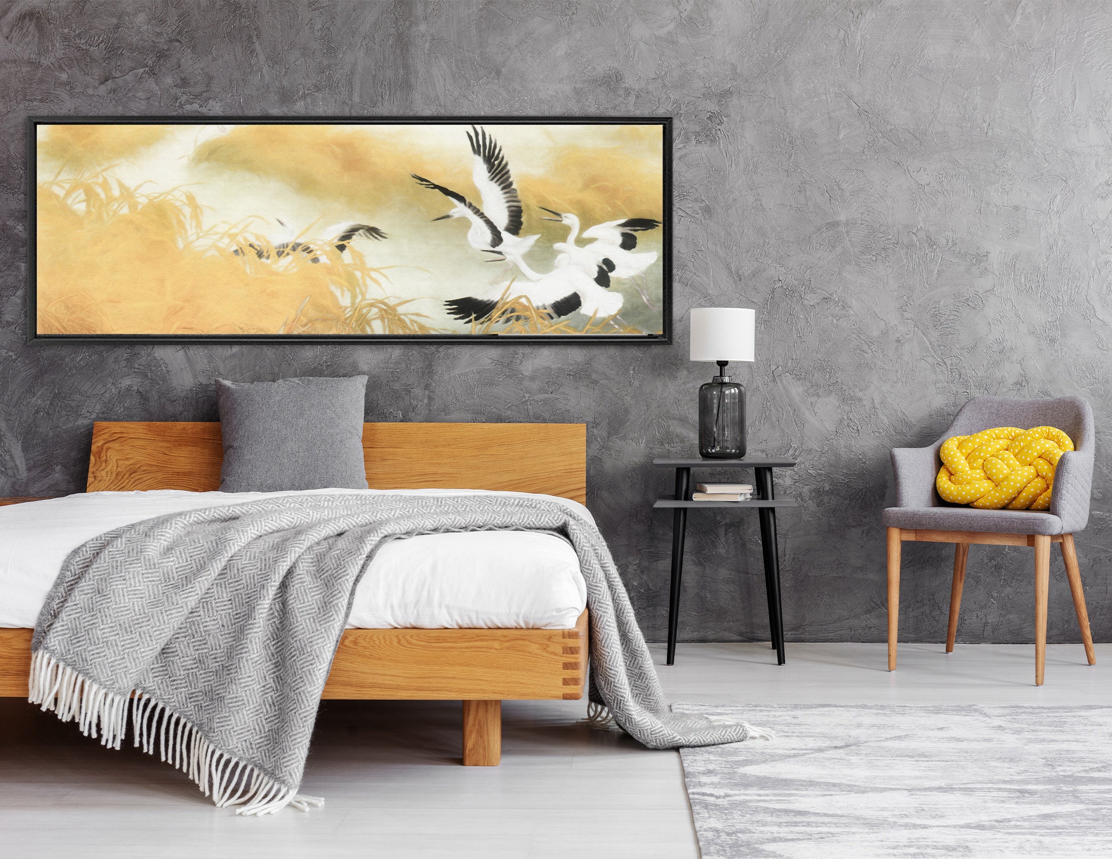 Oriental Storks Wall Art, Large Watercolor Landscape Painting Ready