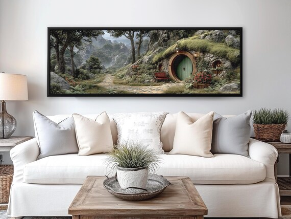 Hobbit Hole Painting, Tolkien Book Lover Gift, Hobbitcore Library Decor Extra Large Wall Art, Lord of the Rings Wall Art, lotr Impression 3D