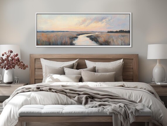 Panoramic Framed Art, Canvas Wall Art - Modern Large Wall Art Decor. Minimalist Nature Inspired Artwork, Neutral Colors Above Bed Art.