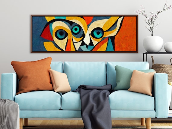 Modern Owl Art, Cubist Oil Painting On Canvas By Mela - Large Panoramic Gallery Wrapped Canvas Wall Art Prints With/Without Floating Frames.