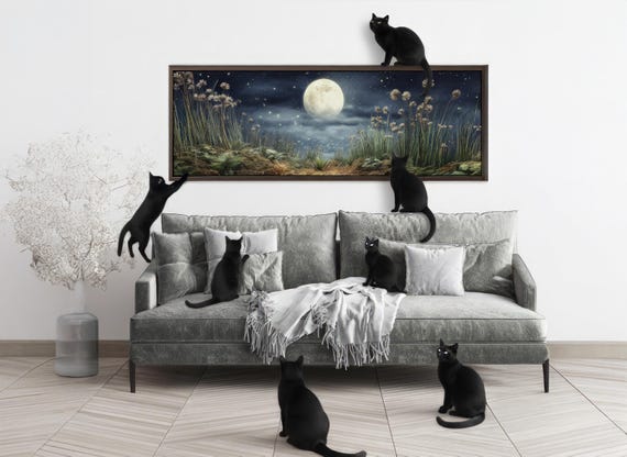Moon Over Meadow Panoramic Canvas Print: Night Landscape Dark Academia Wall Art