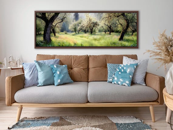 Forest Landscape Wall Art – Panoramic Oil Painting Print, Framed Nature Canvas for Cozy Cottagecore Home, Above Sofa or Bed Spring Decor