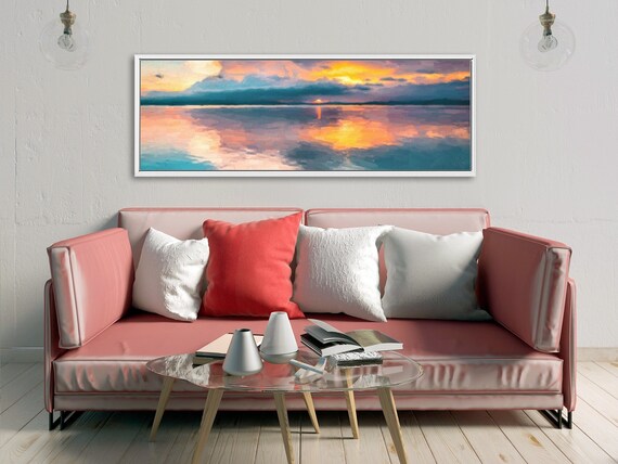 Sunset Mirror Lake Art, Impressionist Oil Landscape Painting - Large Gallery Wrapped Canvas Wall Art Prints With Or Without Floating Frames