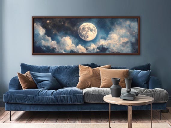 Giant Moon Night Landscape Canvas Art: Starry Night Sky with Delicate Clouds
