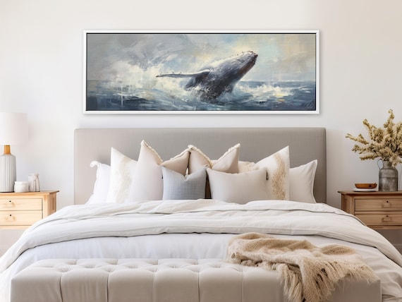 Humpback Whale Wall Art, Oil Painting On Canvas By Mela - Large Panoramic Gallery Wrapped Canvas Wall Art Prints With/Without Floating Frame