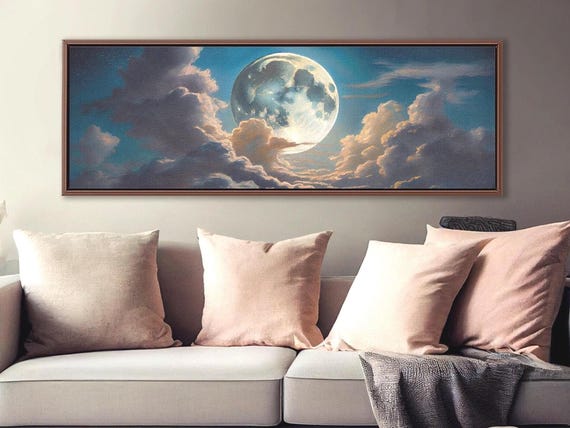 Full Moon Night Sky Panoramic Canvas Print: Moody Dark Academia Wall Art