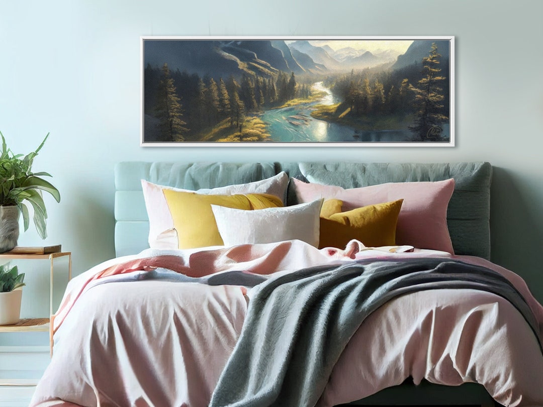 Mountain River Wall Art, Oil Landscape Painting on Canvas by Mela Large Gallery Wrapped Canvas