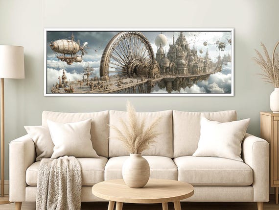 Steampunk Industrial Canvas Art – Cyberpunk Wall Decor, Surreal Fantasy Print, Panoramic Mens Room Art