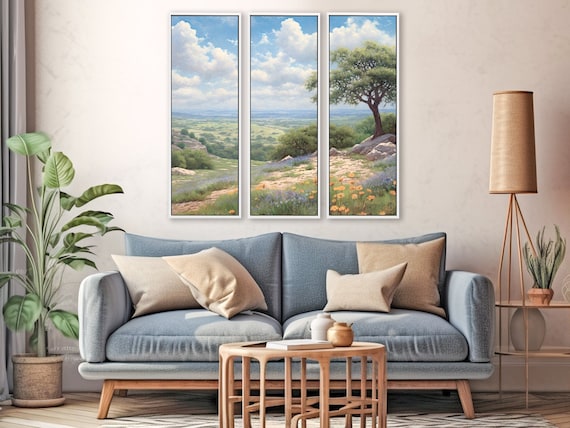 Extra Large Wall Art, Landscape Painting Of Tree On The Hill. 3 Piece Vertical Oil Paintings Printed on Canvas With/Without Floating Frames.