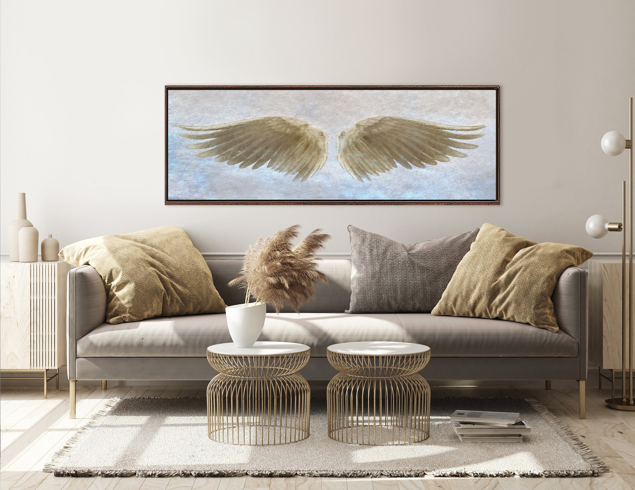 Angel Wings Wall Art, Beige & Blue Oil Painting On Canvas Ready To
