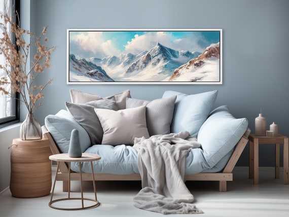 Mountain Wall Art, Horizontal Oil Landscape Painting Of Snow Covered Mountains. Large Panoramic Wall Art Prints With/Without Floating Frames