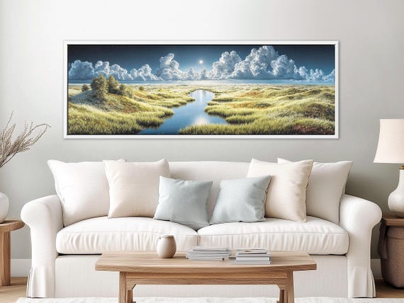 Moody Nature Wall Art – Panoramic Moonlit Meadow Canvas Artwork