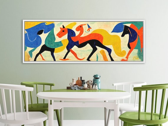 Horses Wall Art, Cubist Oil Painting On Canvas By Mela - Ready To Hang Large Wrapped Canvas Wall Art Prints With Or Without Floating Frames.