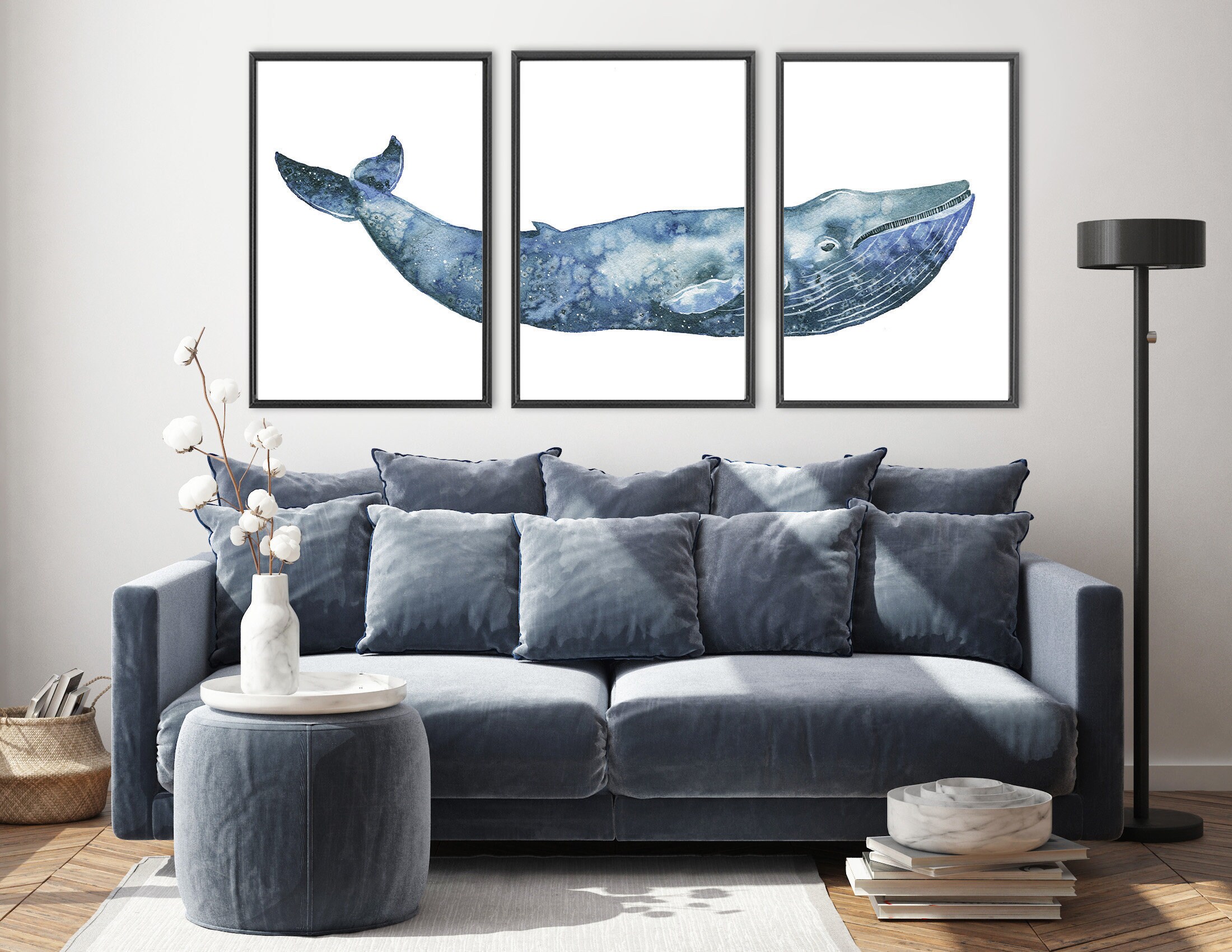 Whale art, navy blue humpback whale watercolor painting, large triptych