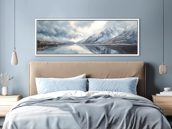 Iceland Mountain Lake: Moody Minimalist Landscape Panoramic Wall Art