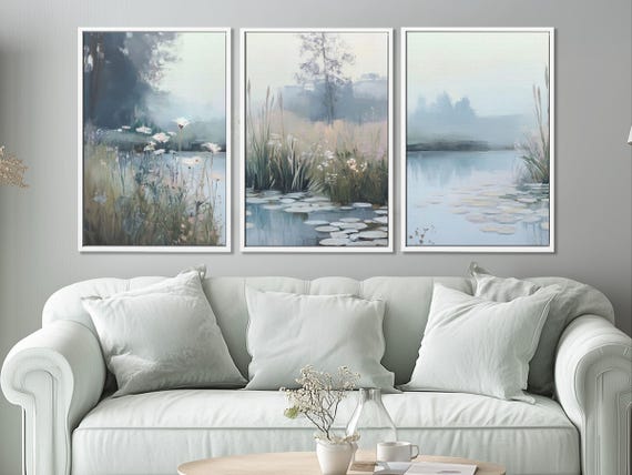 Lake View Wall Art Set of 3 – Framed Botanical Triptych | Wabi Sabi Water Lily Art | Tranquil Japandi Decor | Moody Nature Canvas Prints