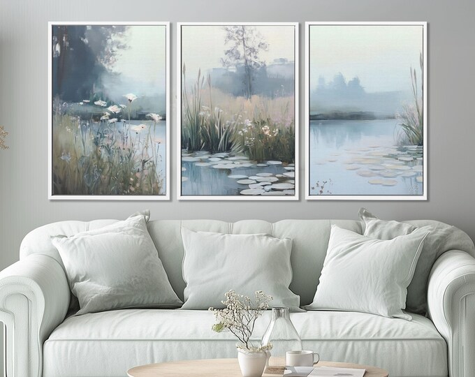 Lake View Triptych: Framed Water Lily Canvas Prints, Japandi Wall Art