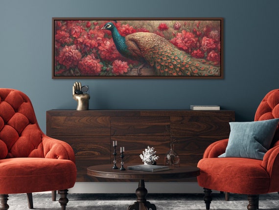 Peacock On Floral Background Wall Art, Oil Painting On Canvas By Mela - Large Gallery Wrapped Canvas Art Prints With/Without Floating Frames