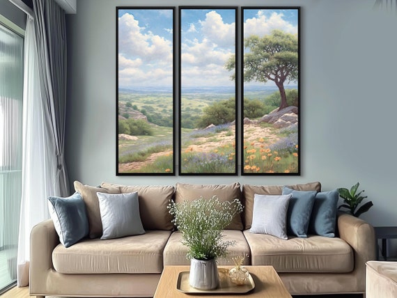 Extra Large Wall Art of Tree On The Hill - 3 Piece Vertical Oil Paintings Printed on Canvas