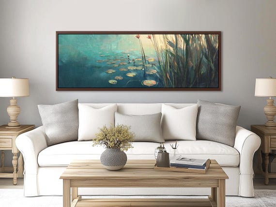 Teal Lily Pond Canvas Print: Panoramic Water Lily Landscape