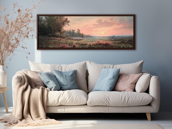 Sunrise Meadow Panorama Canvas – Large Extra-Wide Moody Landscape Wall Art Print, Romantic Golden Hour Forest Painting, Ready to Hang