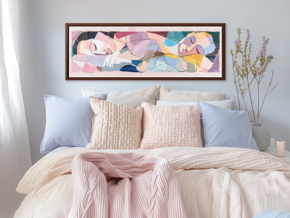 Sleeping Lovers: Mid-Century Modern Abstract Art Printed on Canvas, Large Wall Art in Pink and Gray