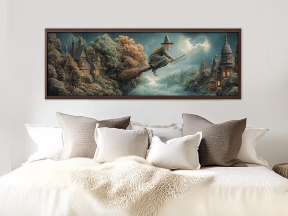 Witch Panoramic Canvas Print: Baba Yaga Riding a  Broomstick Dark Cottagecore Decor