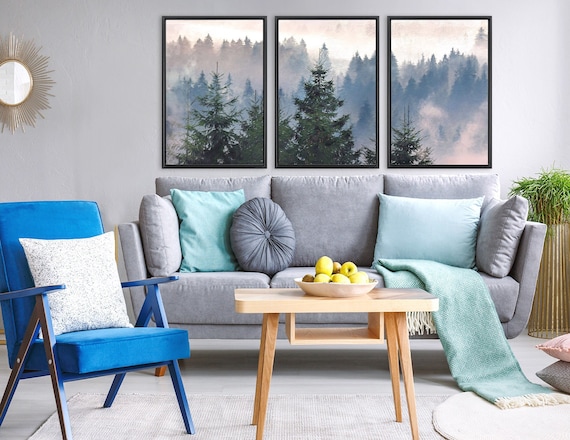 Misty Mountain Forest. Large Landscape Wall Art- Set Of 3 Gallery Wrap Canvas Wall Art Prints With Or Without Floater Frames.