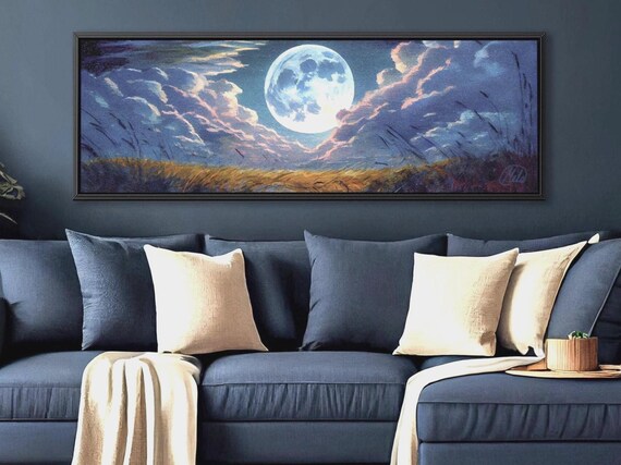 Moon Panoramic Canvas Wall Art - Above Bed Decor. Aesthetic Decor Night Sky Large Wall Art Moody Clouds Painting Large Framed Print