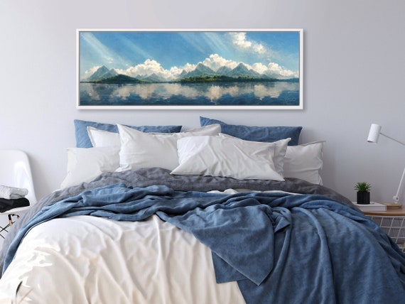 Mountain Lake Wall Art, Oil Landscape Painting On Canvas By Mela - Large Gallery Wrapped Canvas Wall Art Prints With/Without Floating Frames