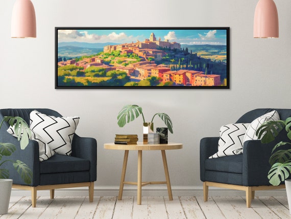 Tuscan Hills Wall Art, Oil Landscape Painting On Canvas By Mela - Large Gallery Wrapped Canvas Wall Art Prints With/Without Floating Frames.