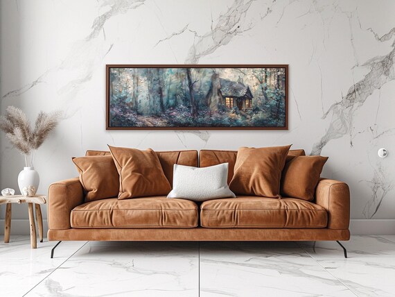 Dark Cottagecore Forest Painting, Gothic Decor Canvas Art Print, Dark Academia Decor, Large Panoramic Wall Art, Hut Painting