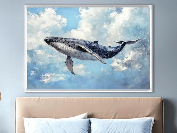 Oversized Whale Canvas Print – Moody Ocean Wall Art for Bedroom | Cottagecore Decor | Serene Coastal Painting | Ready to Hang Large Wall Art