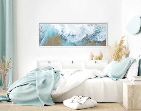 Wave, Oil Contemporary Coastal Wall Art - Ready To Hang Large Panoramic Gallery Wrap Canvas Wall Art Prints With Or Without Floating Frames.